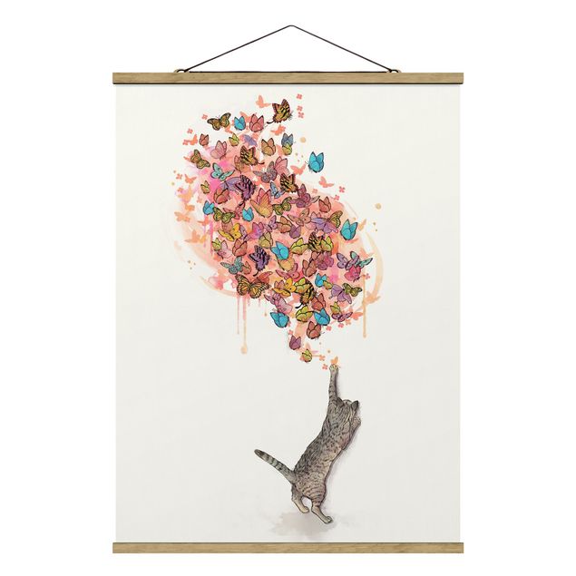 Fabric print with poster hangers - Illustration Cat With Colourful Butterflies Painting
