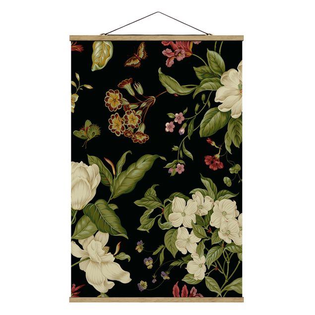 Fabric print with poster hangers - Garden Flowers On Black I