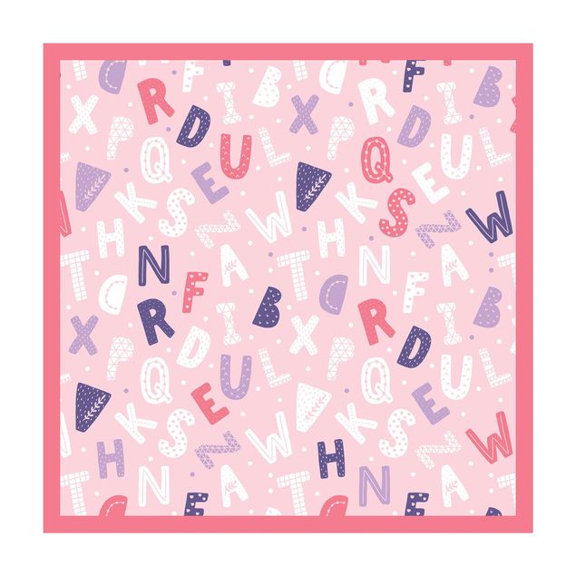 Vinyl Floor Mat - Alphabet With Hearts And Dots In Light Pink With Frame - Square Format 1:1