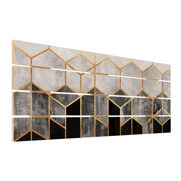 Print on wood - Golden Hexagons Black And White