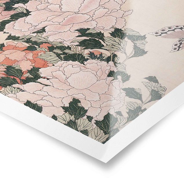 Poster - Katsushika Hokusai - Pink Peonies With Butterfly