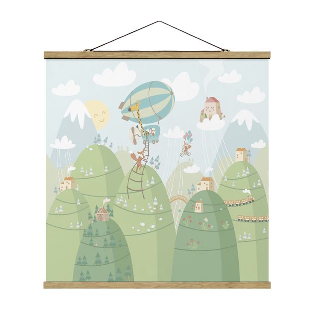 Fabric print with poster hangers - Forest With Houses And Animals