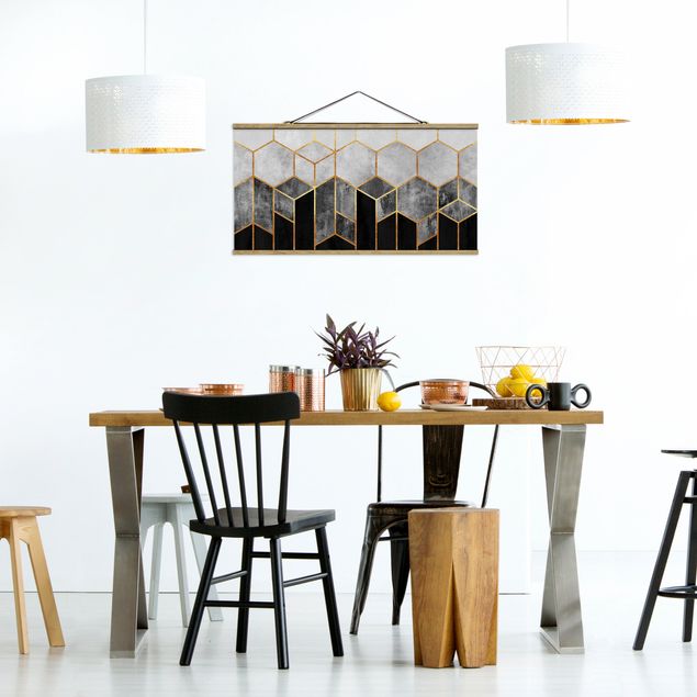 Fabric print with poster hangers - Golden Hexagons Black And White