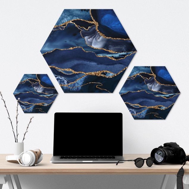 Alu-Dibond hexagon - Golden Glitter Waves Blue Backdrop