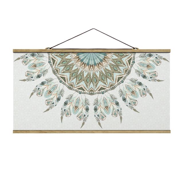 Fabric print with poster hangers - Mandala Watercolour Feathers Semicircle Blue Green