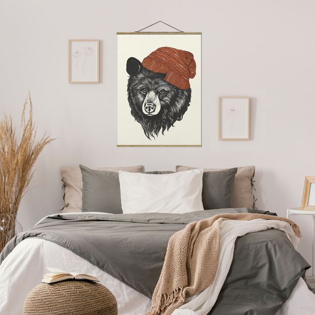 Fabric print with poster hangers - Illustration Bear With Red Cap Drawing