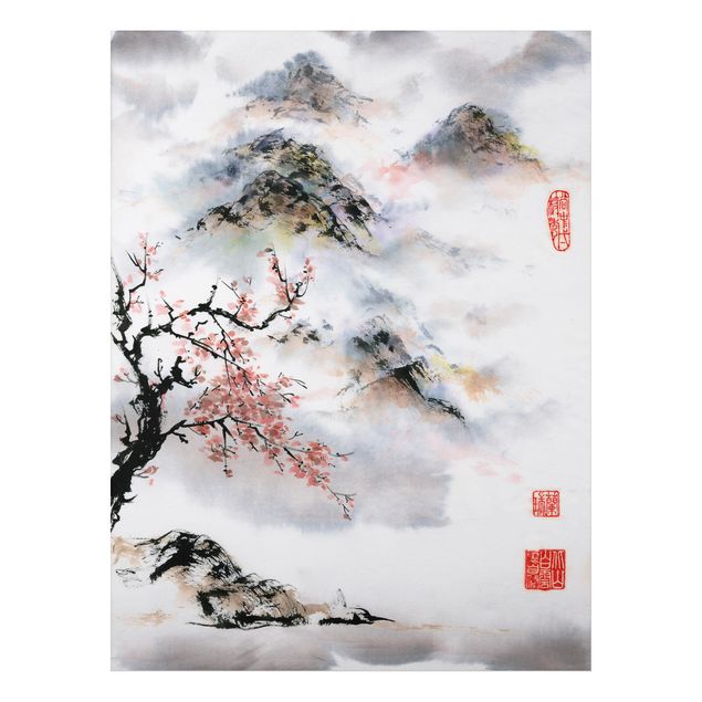 Print on aluminium - Japanese Watercolour Drawing Cherry Tree And Mountains