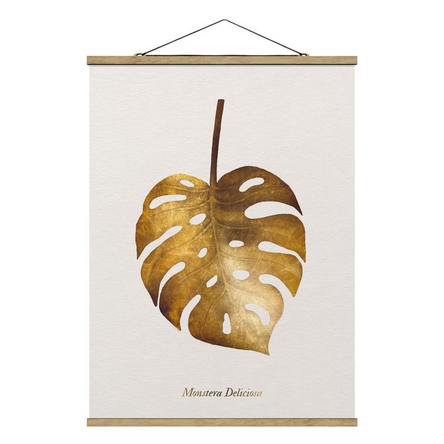Fabric print with poster hangers - Gold - Monstera