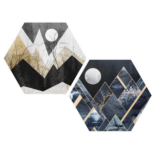 Alu-Dibond hexagon - Golden Moon And Geometric Mountains