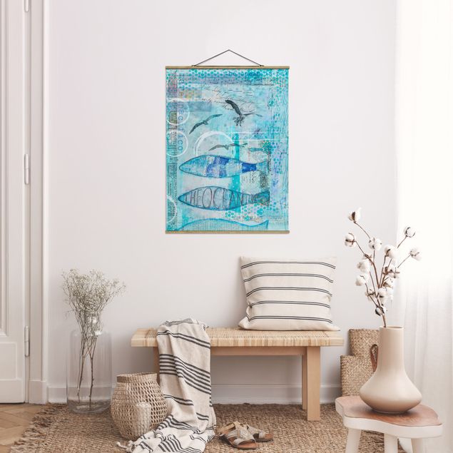 Fabric print with poster hangers - Colourful Collage - Blue Fish