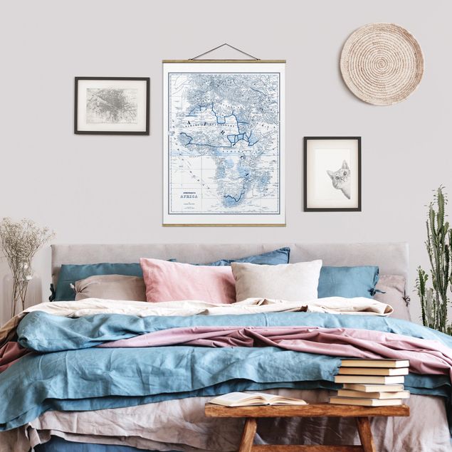 Fabric print with poster hangers - Map In Blue Tones - Africa