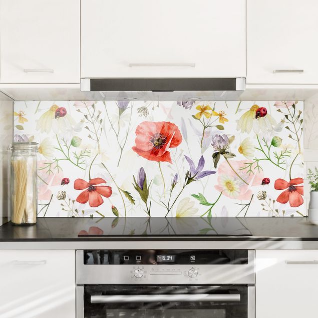 Patterned glass splashbacks Ladybird With Poppies In Watercolour