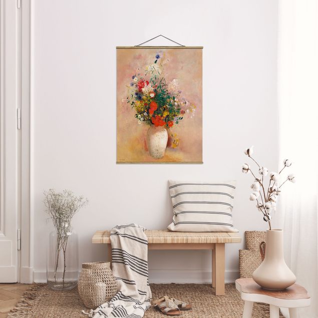 Fabric print with poster hangers - Odilon Redon - Vase With Flowers (Rose-Colored Background)