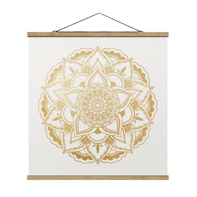 Fabric print with poster hangers - Mandala Flower Gold White