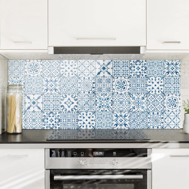 Glass splashback kitchen tiles Patterned Tiles Blue White