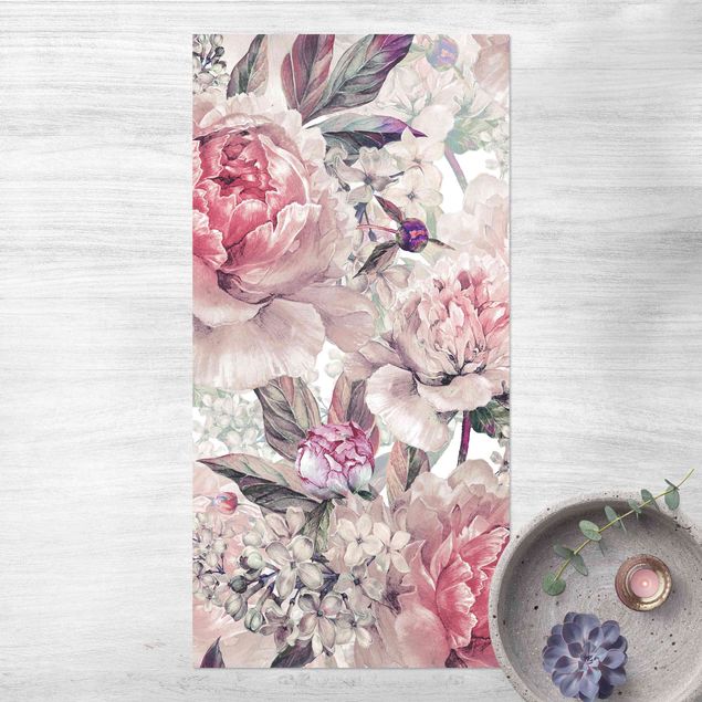 outdoor balcony rug Delicate Watercolour Peony Pattern