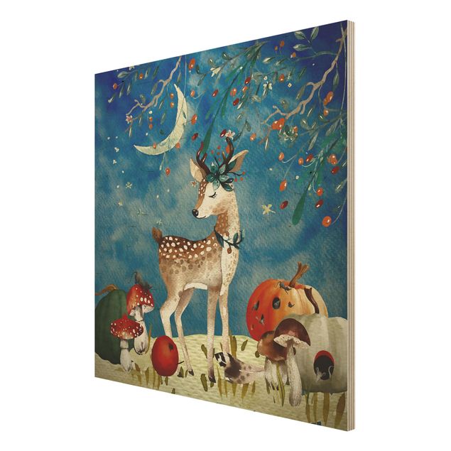 Print on wood - Watercolour Deer In Moonlight