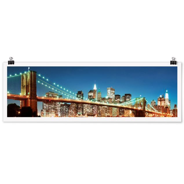 Panoramic poster architecture & skyline - Nighttime Manhattan Bridge