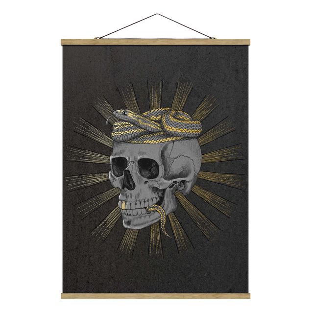 Fabric print with poster hangers - Illustration Skull And Snake Black Gold