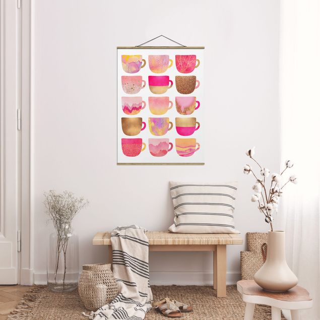 Fabric print with poster hangers - Golden Mugs With Light Pink