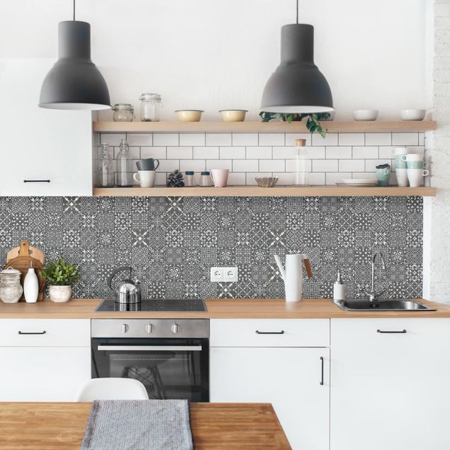 Kitchen splashbacks Patterned Tiles Dark Gray White