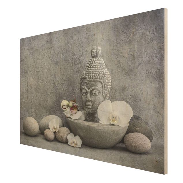 Print on wood - Zen Buddha, Orchid And Stone