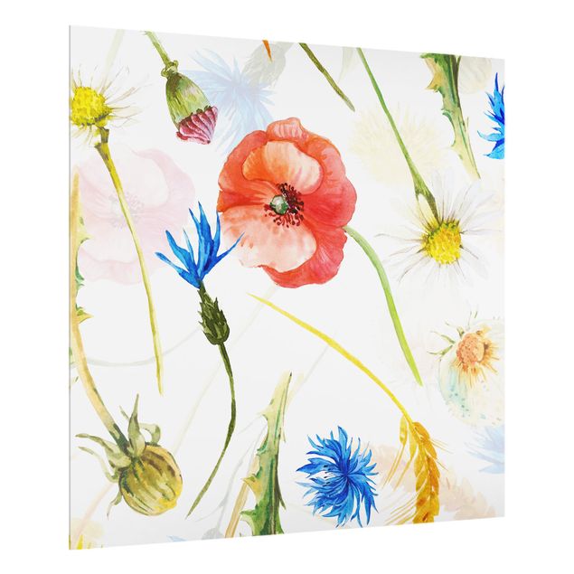 Glass splashback art print Watercolour Wild Flowers With Poppies