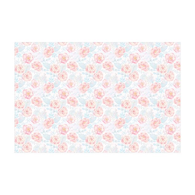 pastel area rug Pink Flowers With Light Blue Leaves