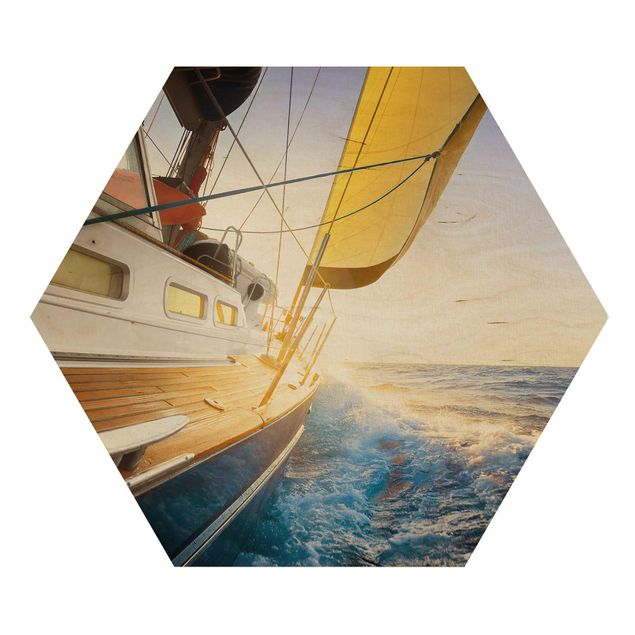Wooden hexagon - Sailboat On Blue Ocean In Sunshine