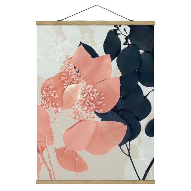 Fabric print with poster hangers - Leaves Indigo & Rouge III