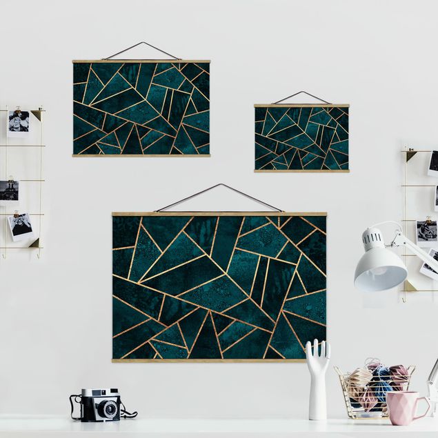 Fabric print with poster hangers - Dark Turquoise With Gold