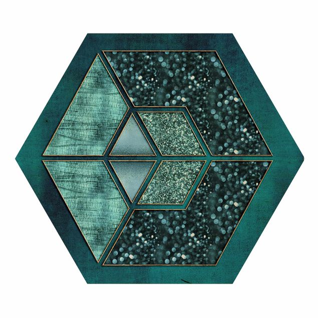 Hexagon Picture Wood - Blue Hexagon With Gold Outline