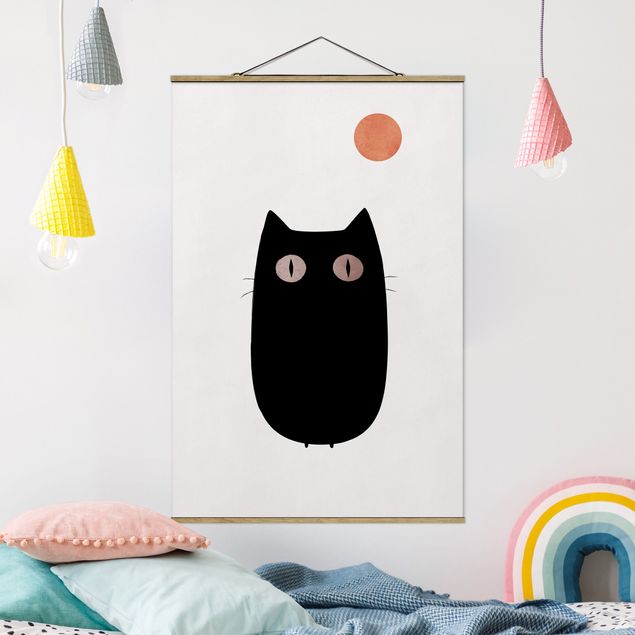 Fabric print with poster hangers - Black Cat Illustration
