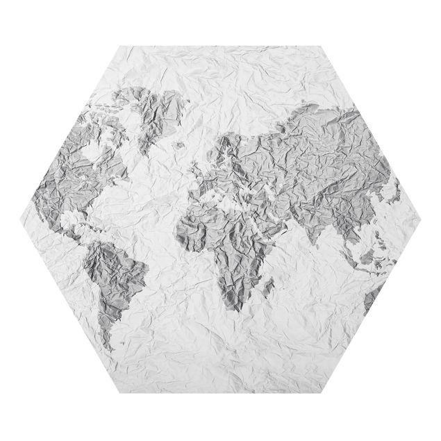 Alu-Dibond hexagon - Paper World Map White Grey