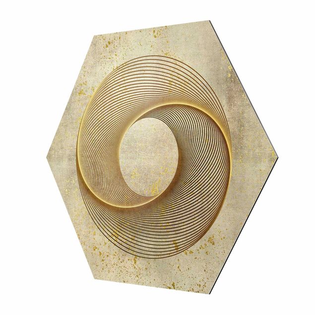 Alu-Dibond hexagon - Line Art Circling Spirale Gold