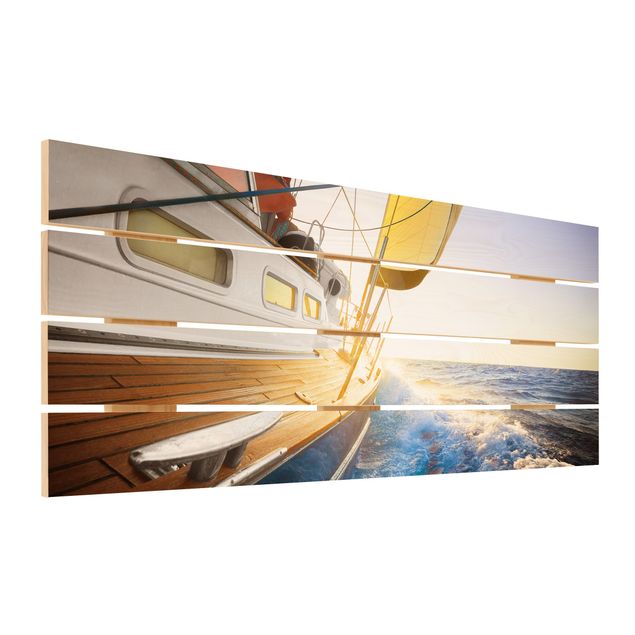 Print on wood - Sailboat On Blue Ocean In Sunshine