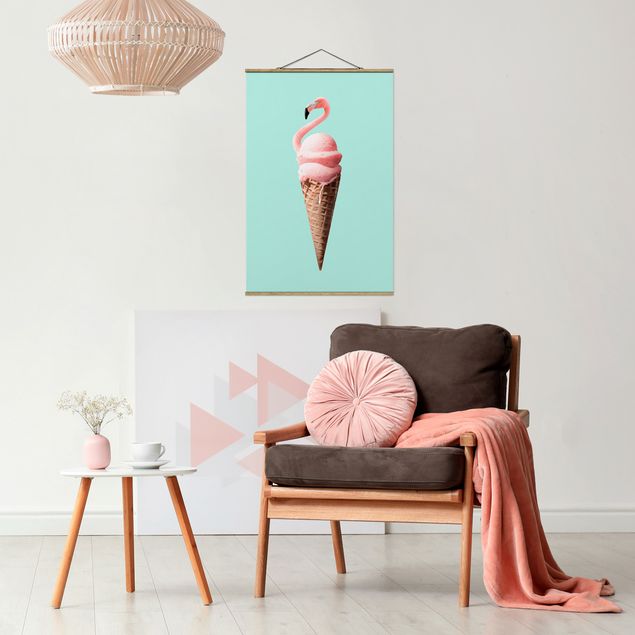 Fabric print with poster hangers - Ice Cream Cone With Flamingo