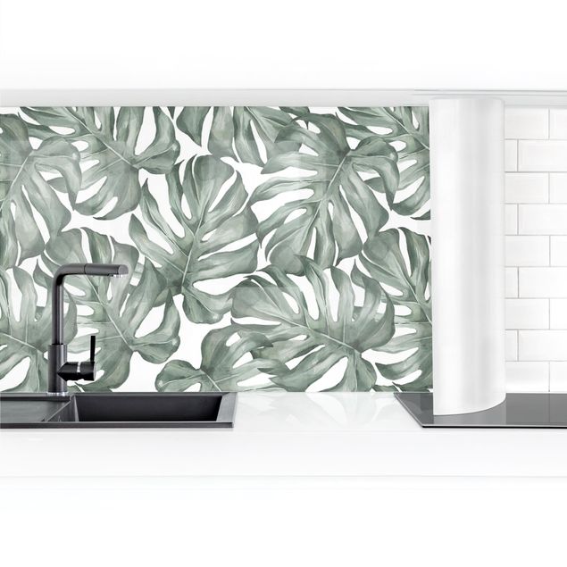 Kitchen wall cladding - Watercolour Monstera Leaves In Green II