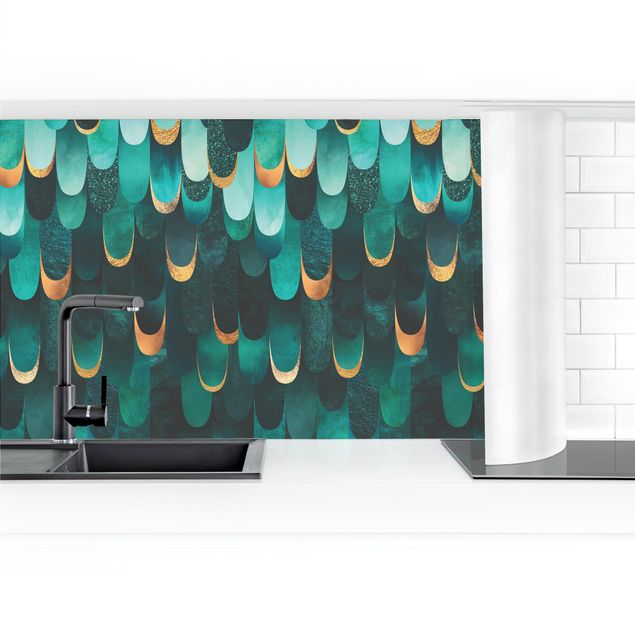 Kitchen wall cladding - Feathers Gold Turquoise II