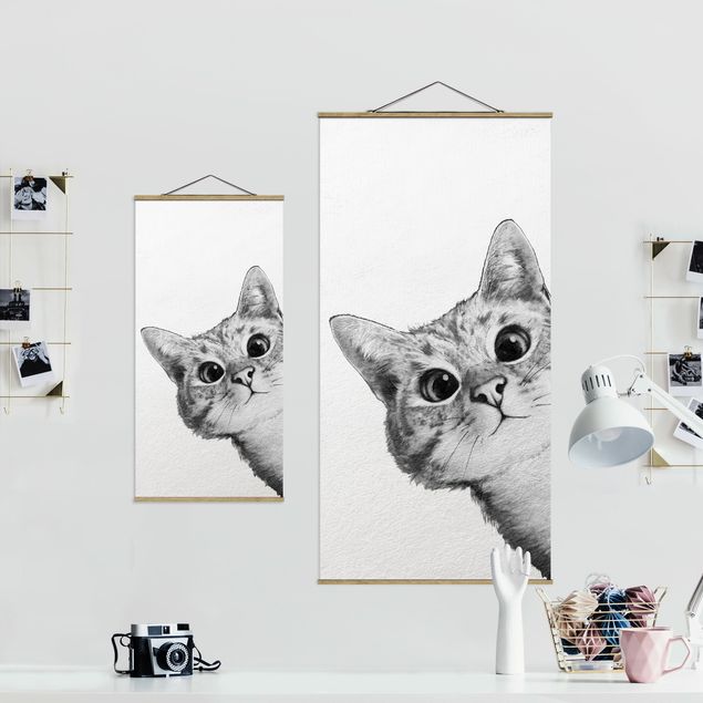 Fabric print with poster hangers - Illustration Cat Drawing Black And White