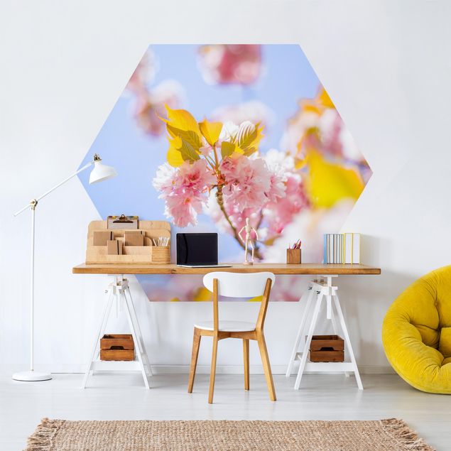 Self-adhesive hexagonal pattern wallpaper - Colourful Cherry Blossoms