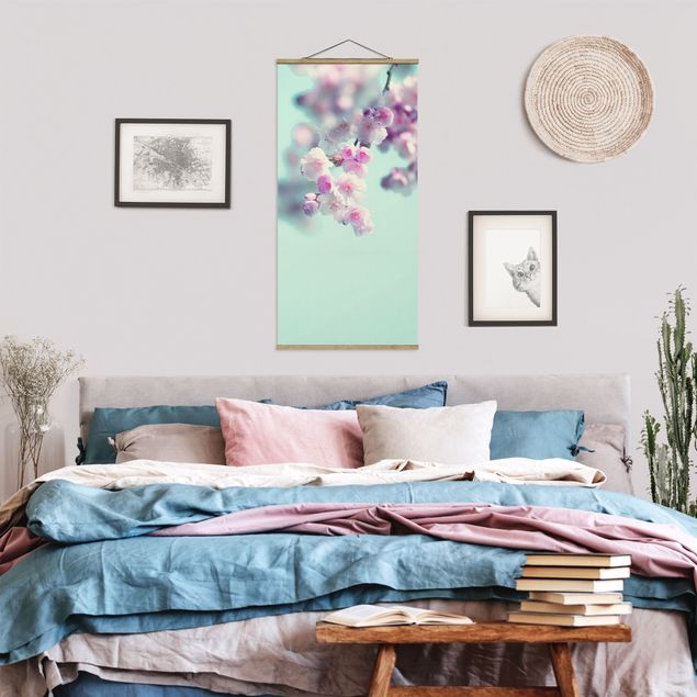 Fabric print with poster hangers - Colourful Cherry Blossoms - Portrait format 1:2