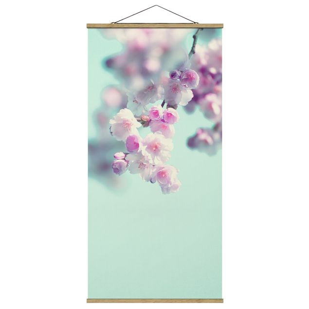 Fabric print with poster hangers - Colourful Cherry Blossoms - Portrait format 1:2