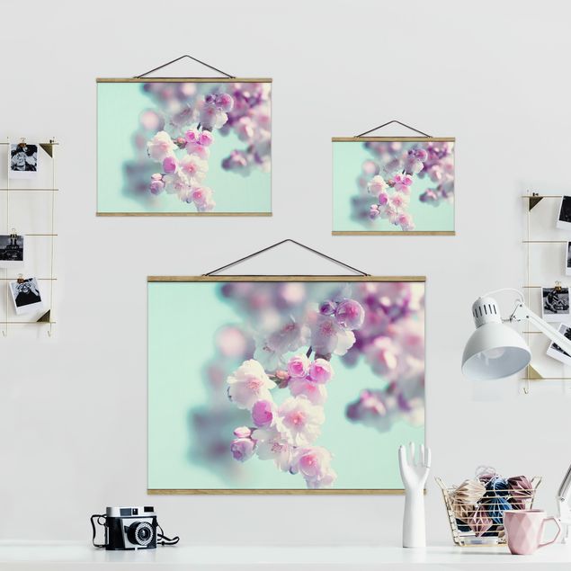Fabric print with poster hangers - Colourful Cherry Blossoms - Landscape format 4:3