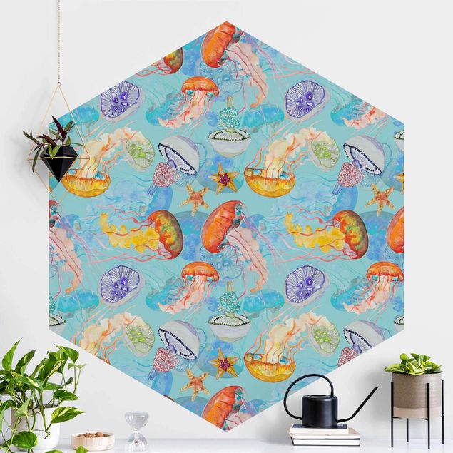 Hexagonal wallpapers Colourful Jellyfish On Blue
