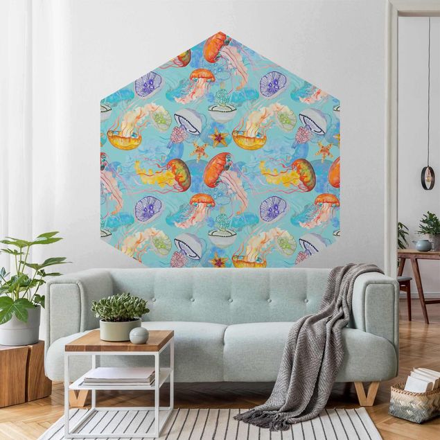 Self-adhesive hexagonal wall mural - Colourful Jellyfish On Blue