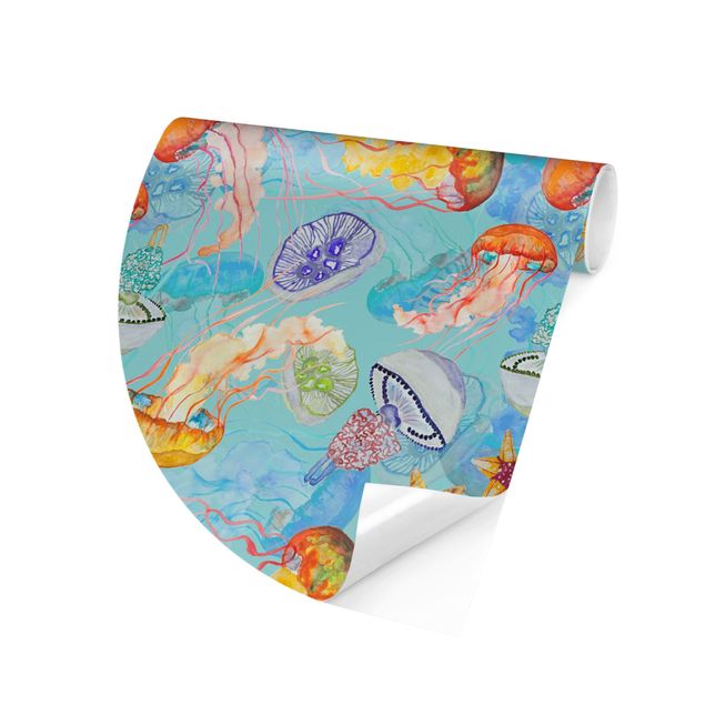 Self-adhesive round wallpaper - Colourful Jellyfish On Blue