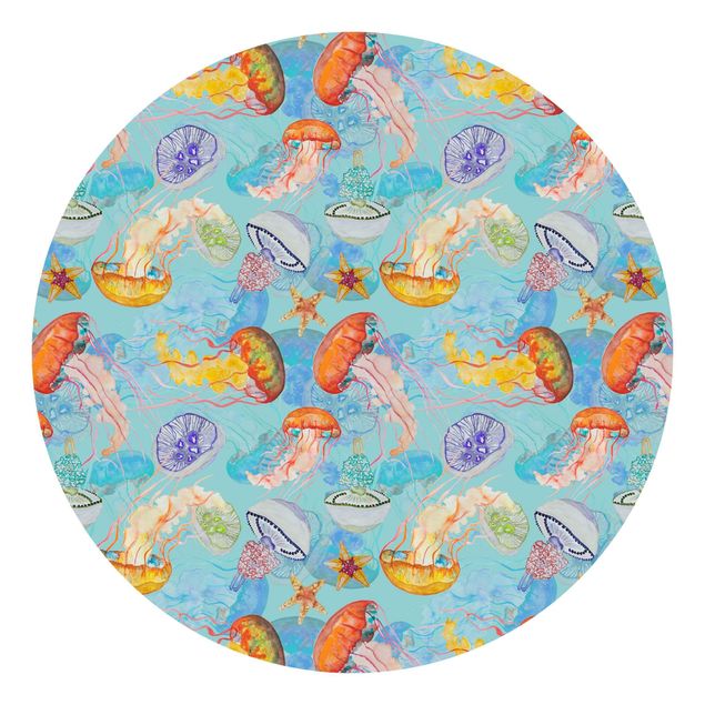 Self-adhesive round wallpaper - Colourful Jellyfish On Blue