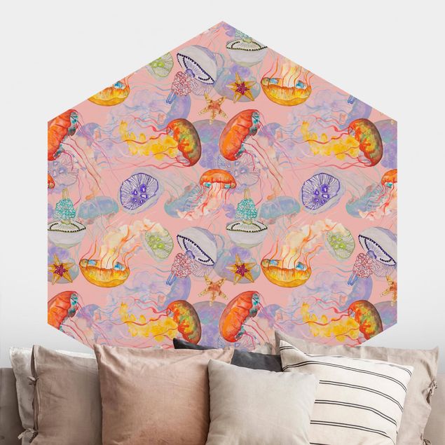 Hexagonal wall mural Colourful Jellyfish On Pink