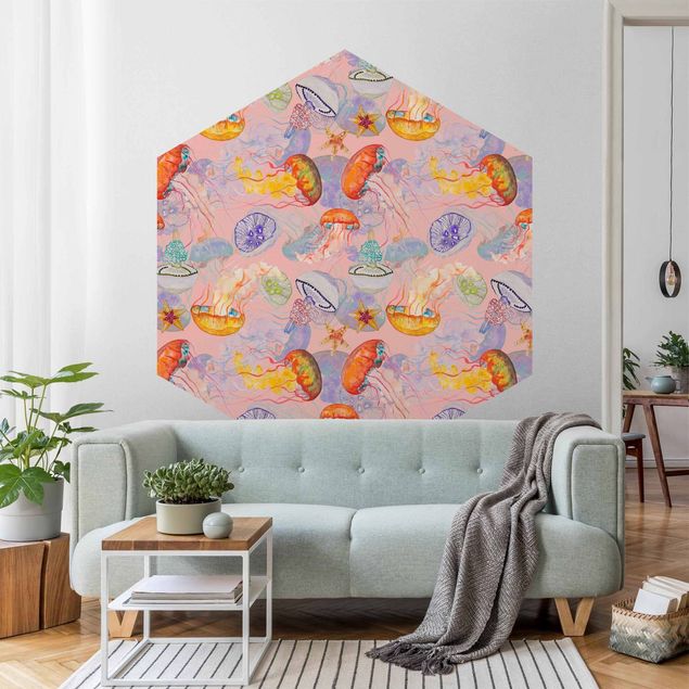 Self-adhesive hexagonal wall mural - Colourful Jellyfish On Pink